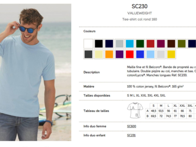 Références et options du produit pour Tshirt Homme 160g